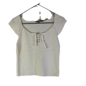 Vintage Y2K Baby Lace Up Shirt Top Ribbed Cropped White